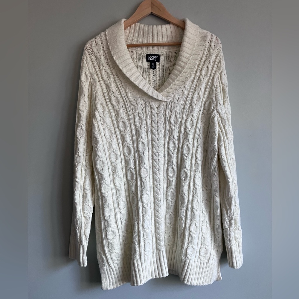 LANDS END Ivory Tunic Length Cotton Blend Cable Knit Sweater Size XL